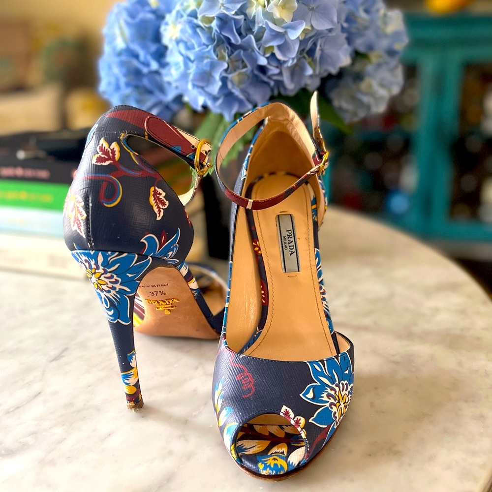 Prada Camoscio Floral Peep Toe Heels